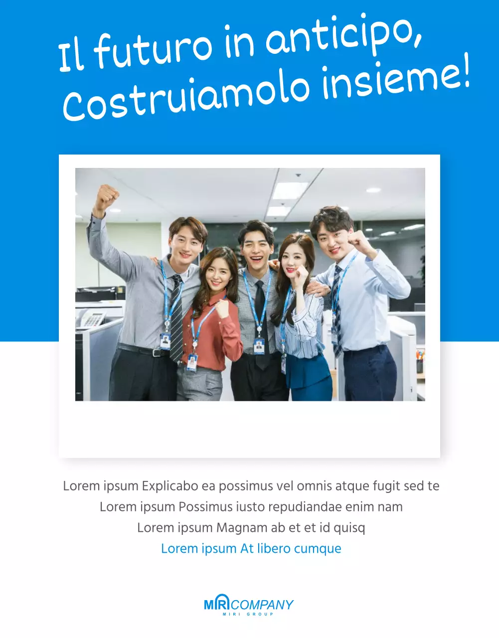 Newsletter aziendale introduttiva di colore blu e giallo