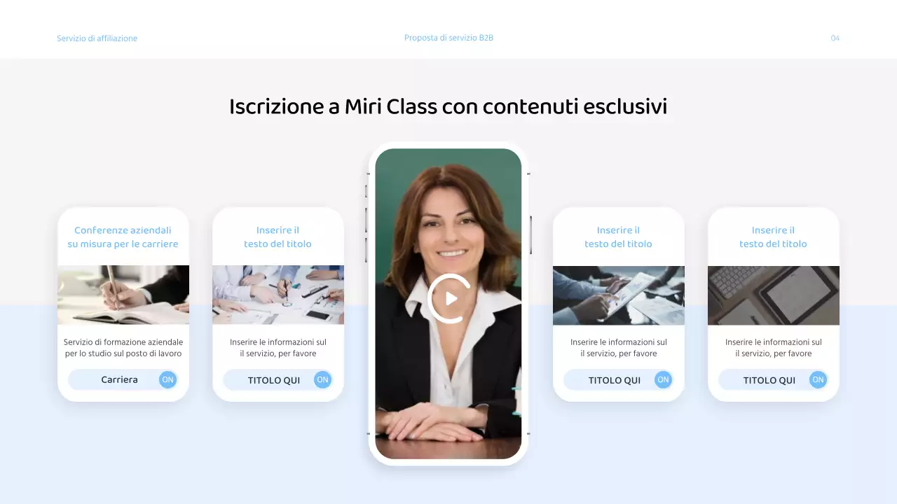 Presentazione di una proposta di servizi aziendali con una combinazione di colori blu chiaro