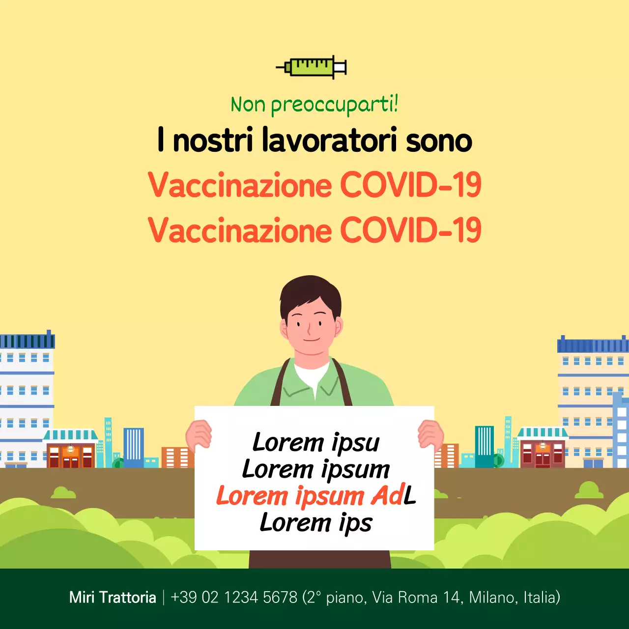 Poster quadrato sulla vaccinazione contro il coronavirus con illustrazione gialla