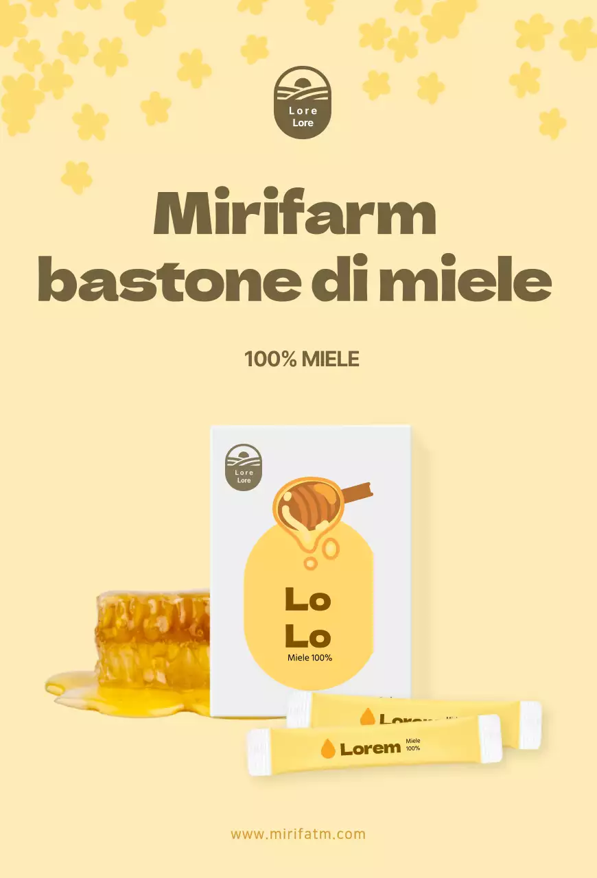 Cartolina gialla con bastoncino di miele per la promozione del prodotto