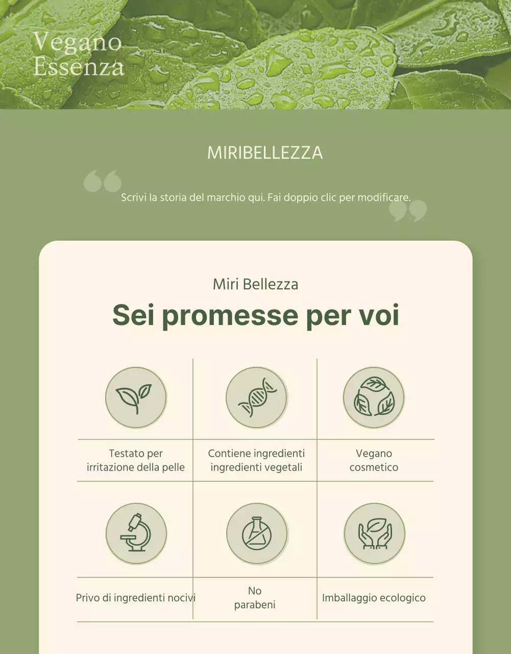 Pagina di dettaglio dei cosmetici vegani in verde avorio
