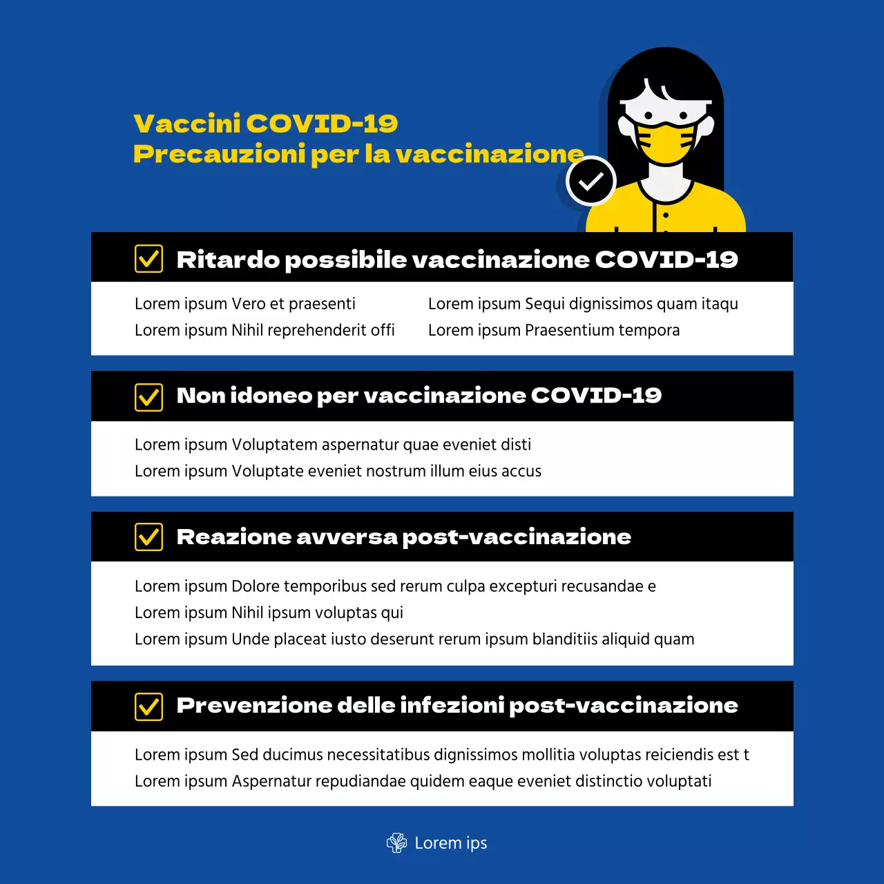 Poster quadrato sulla vaccinazione contro il coronavirus con illustrazione e tabella in tonalità blu.