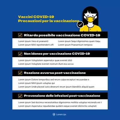 Poster quadrato sulla vaccinazione contro il coronavirus con illustrazione e tabella in tonalità blu.