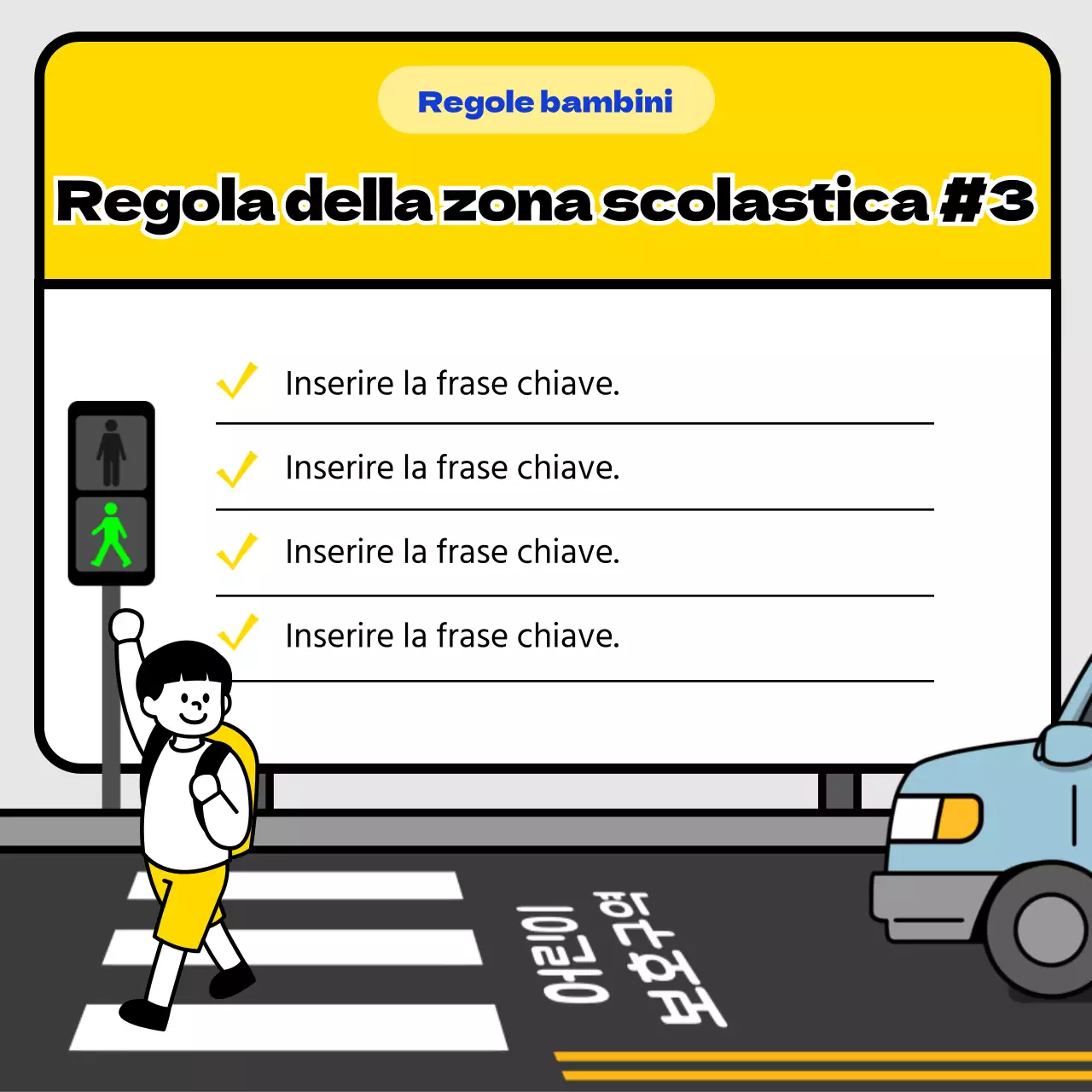 Consigli per la sicurezza del traffico nelle zone scolastiche con concetto di cartello giallo e blu