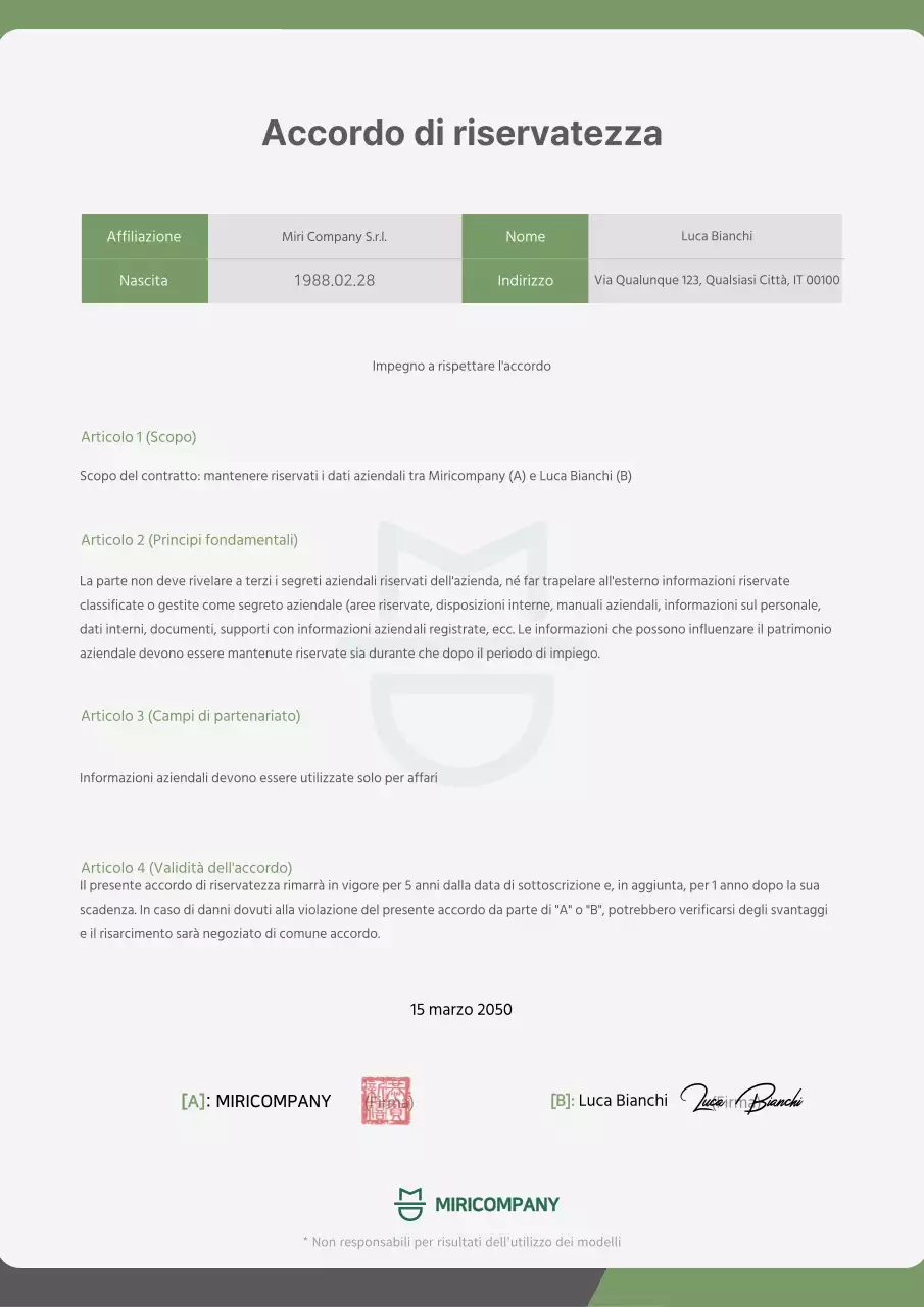 Un impegno di riservatezza pulito e verde lime