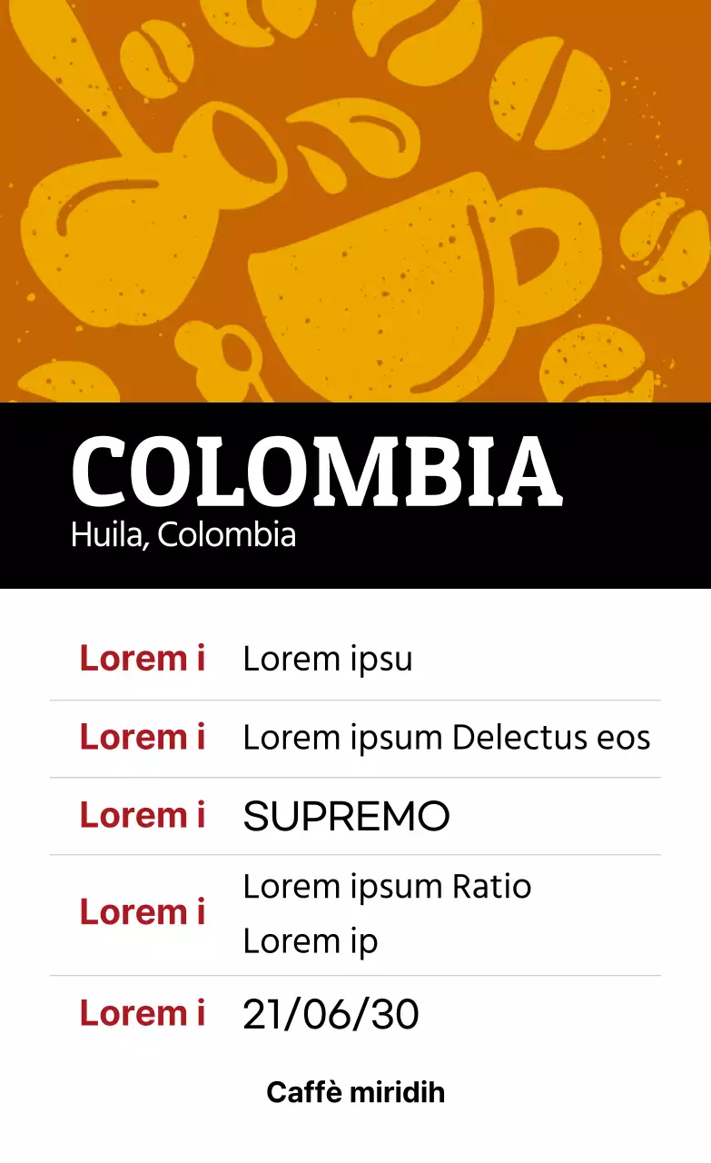 Etichetta di caffè in grani illustrata d'epoca colorata Colombia