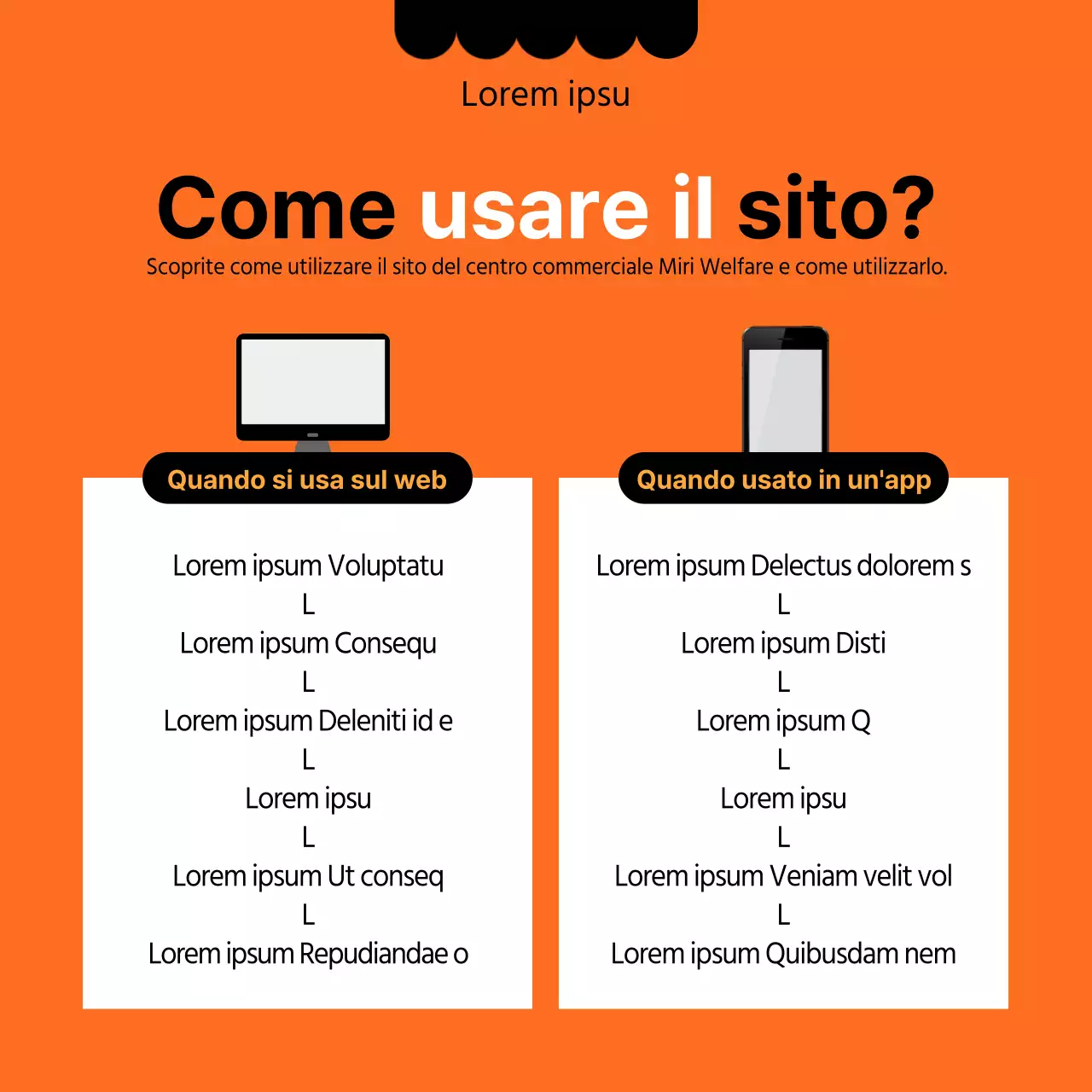 Aperto un centro commerciale interno pulito, nero e arancione.