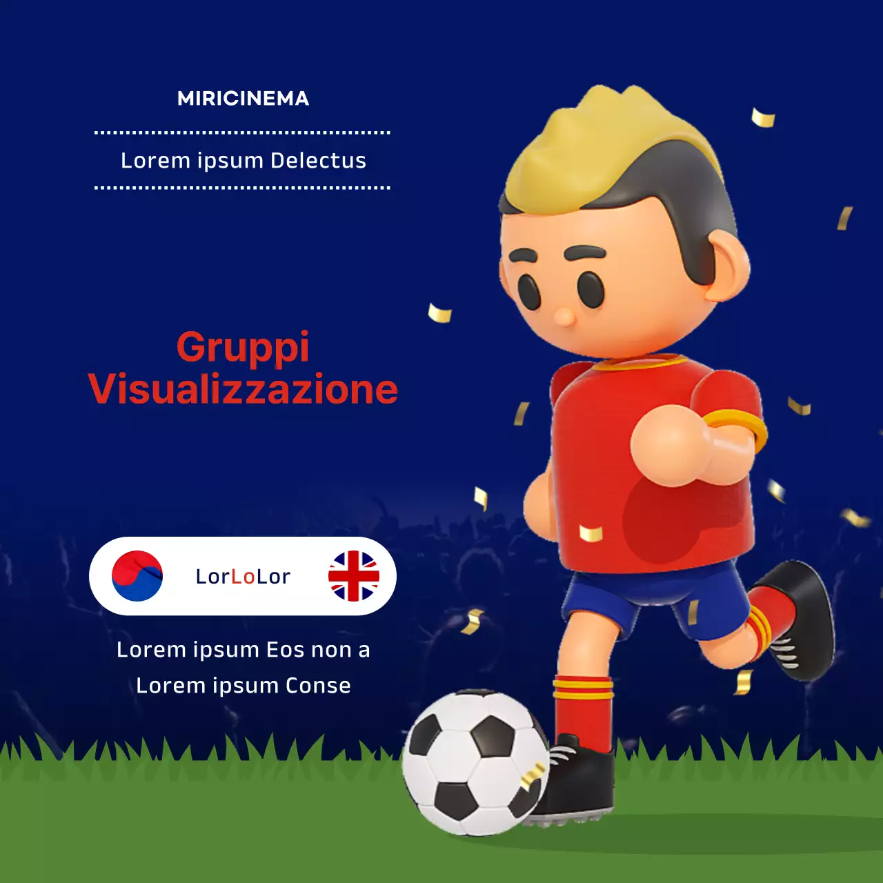 Partita di calcio stereoscopica in 3D in diretta in blu e rosso
