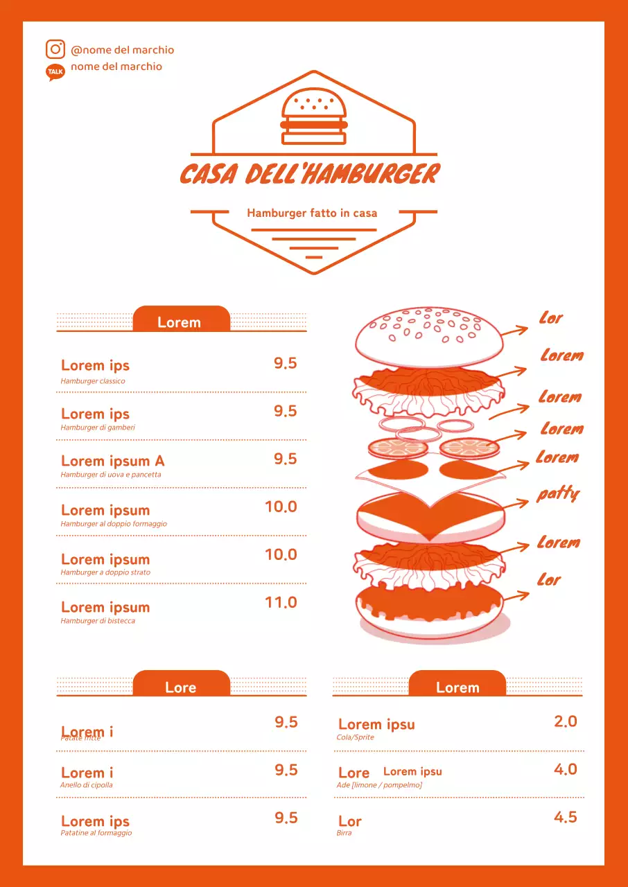 Carino ristorante hamburger menu con illustrazione arancione