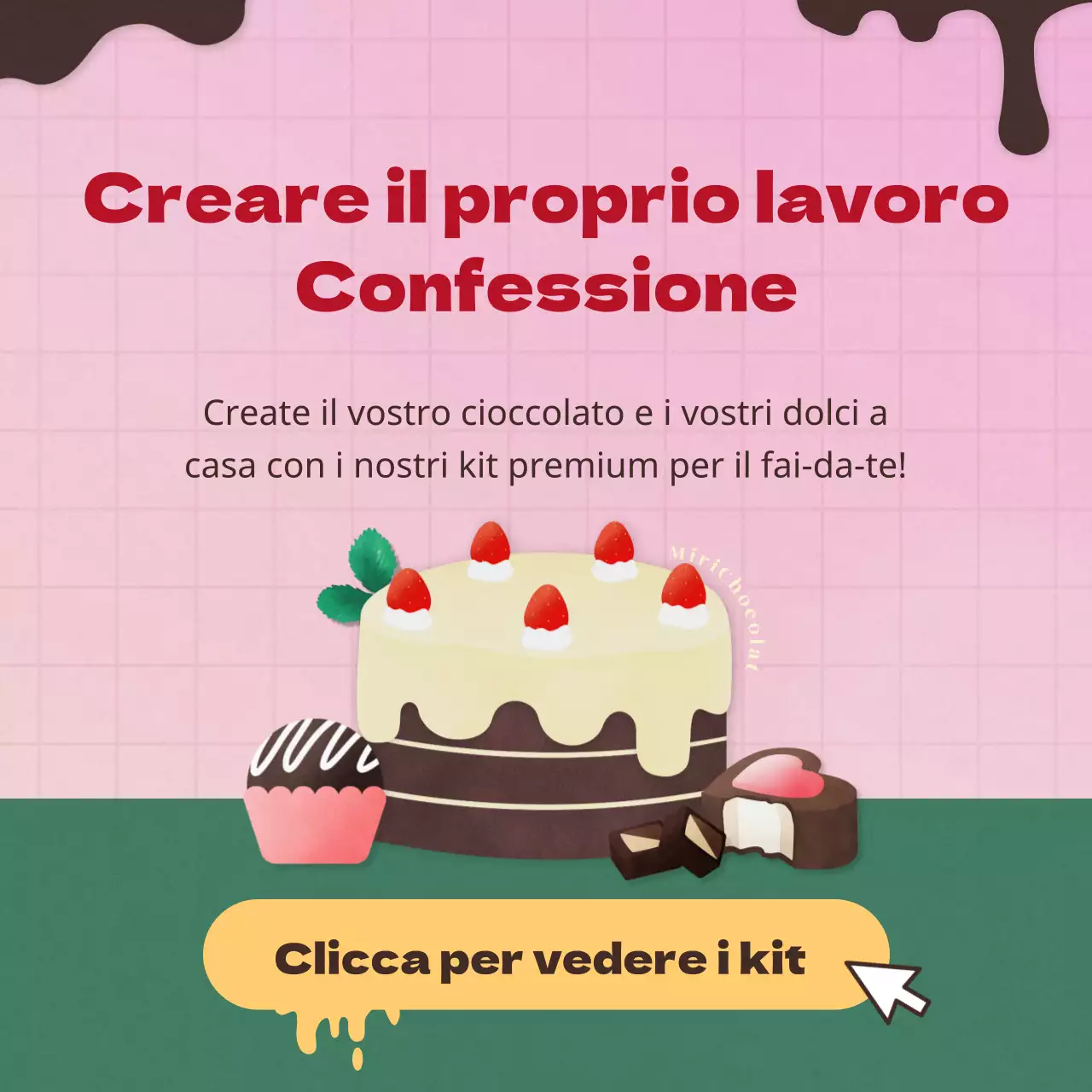 Kit da dessert al cioccolato per San Valentino, luminoso, dolce e fresco, nei colori rosa e verde intenso.