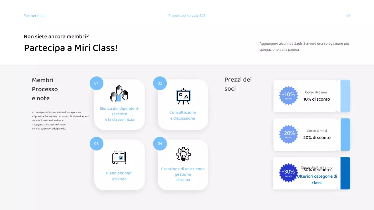 Presentazione di una proposta di servizi aziendali con una combinazione di colori blu chiaro