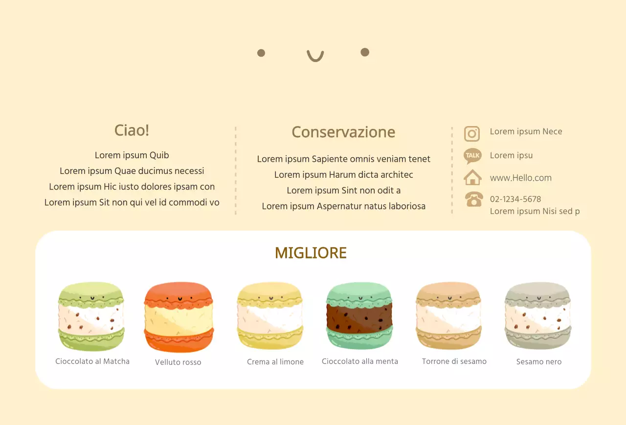 Simpatica cartolina promozionale di un caffè con personaggi di macaron dai colori vivaci