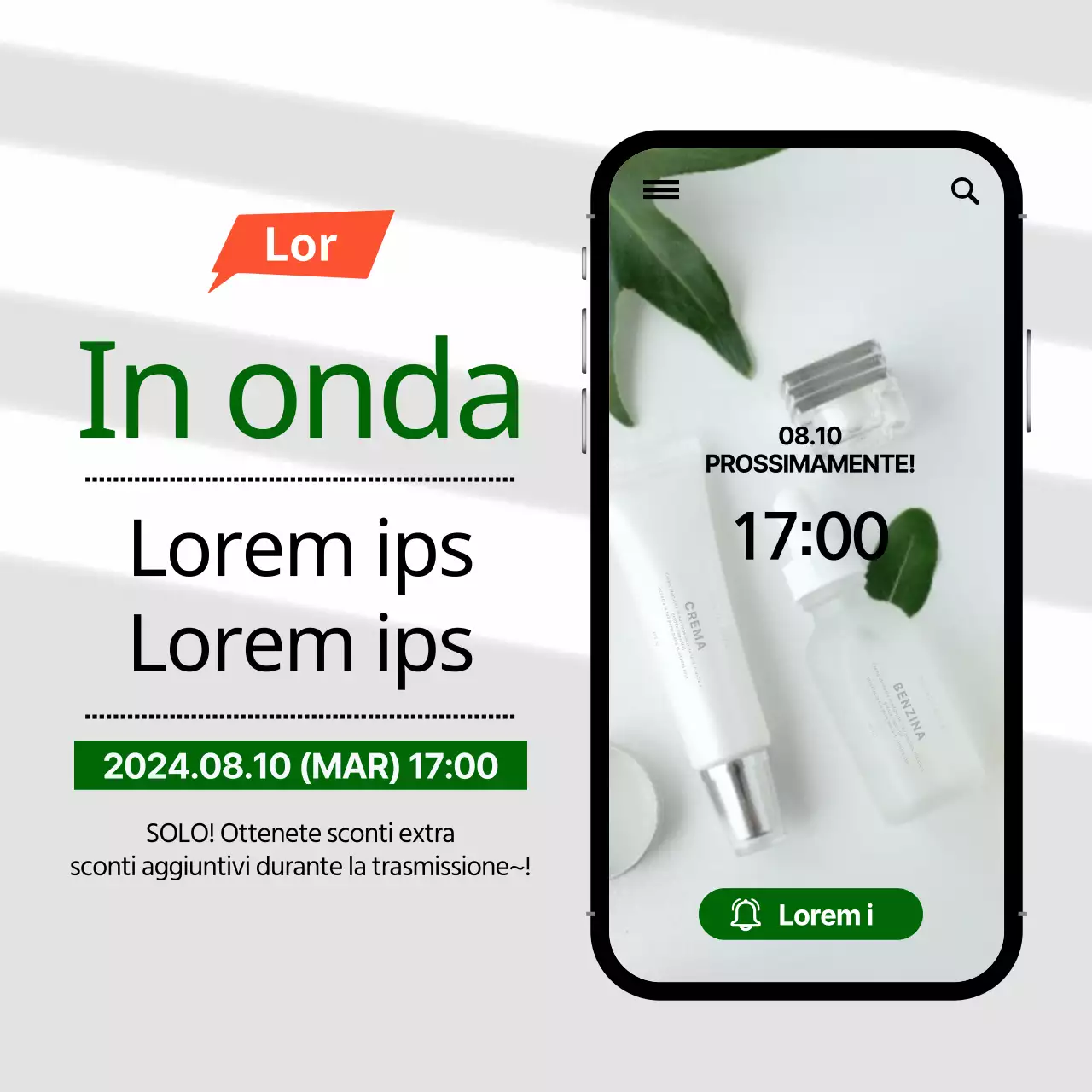 Shopping di cosmetici dal vivo in una cornice per cellulari verde e nera