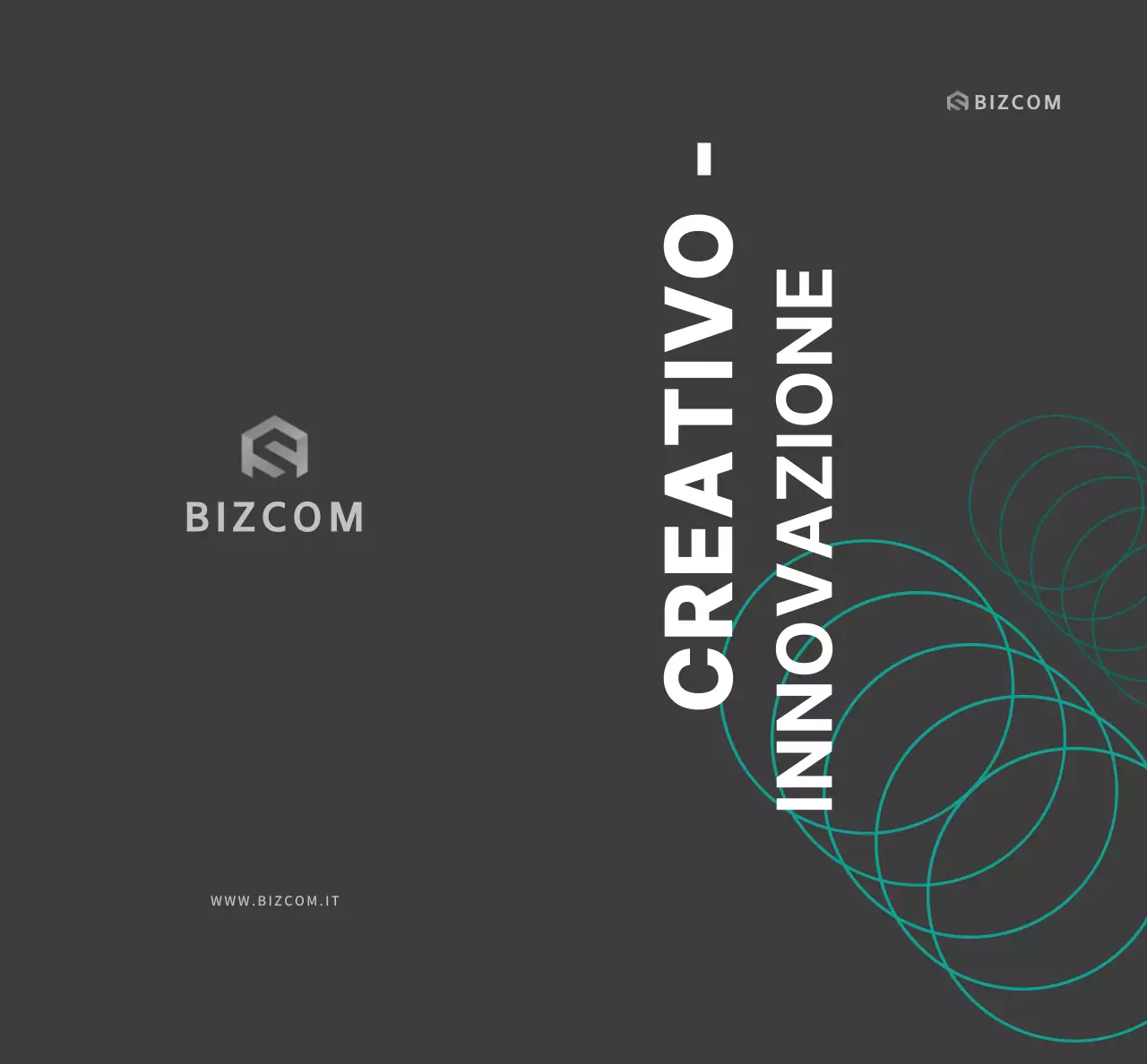 Semplice promo aziendale bizcom con testo e illustrazioni in nero e grigio
