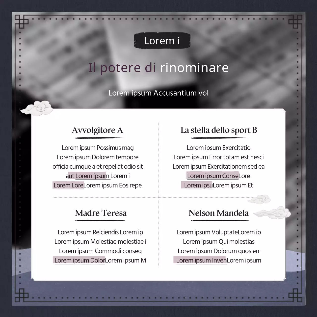 Nomenclatura tradizionale e classica in blu navy e nero