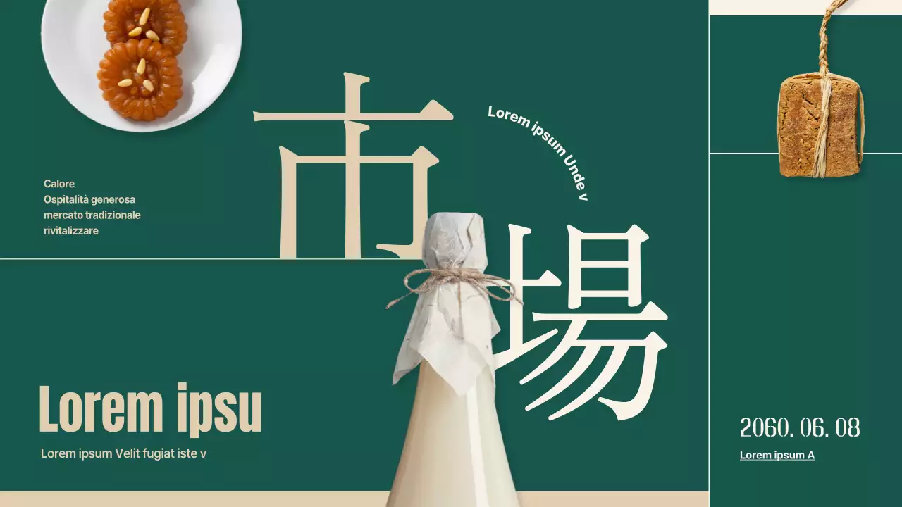 Piano per rivitalizzare i mercati tradizionali utilizzando oggetti e tipografia verde e beige