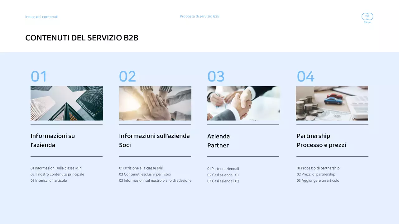 Presentazione di una proposta di servizi aziendali con una combinazione di colori blu chiaro