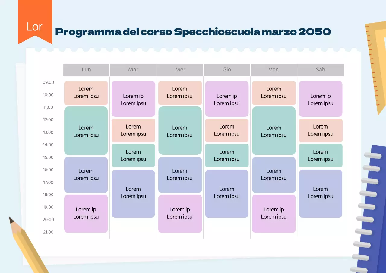 Orario scolastico con strumenti di scrittura blu chiaro