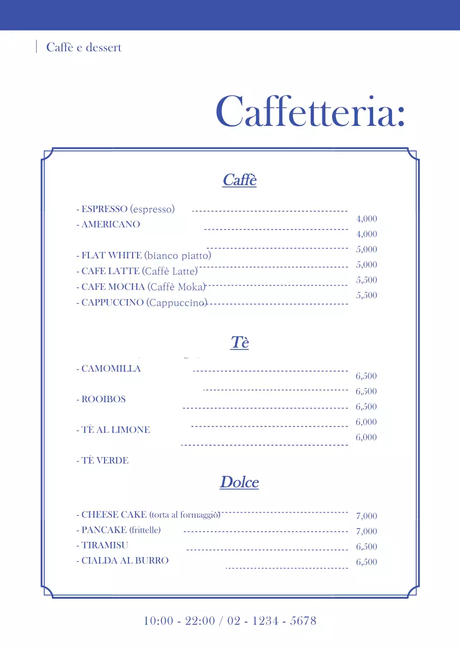 Tabellone verticale del menu del bar in blu con un concetto pulito e monotono