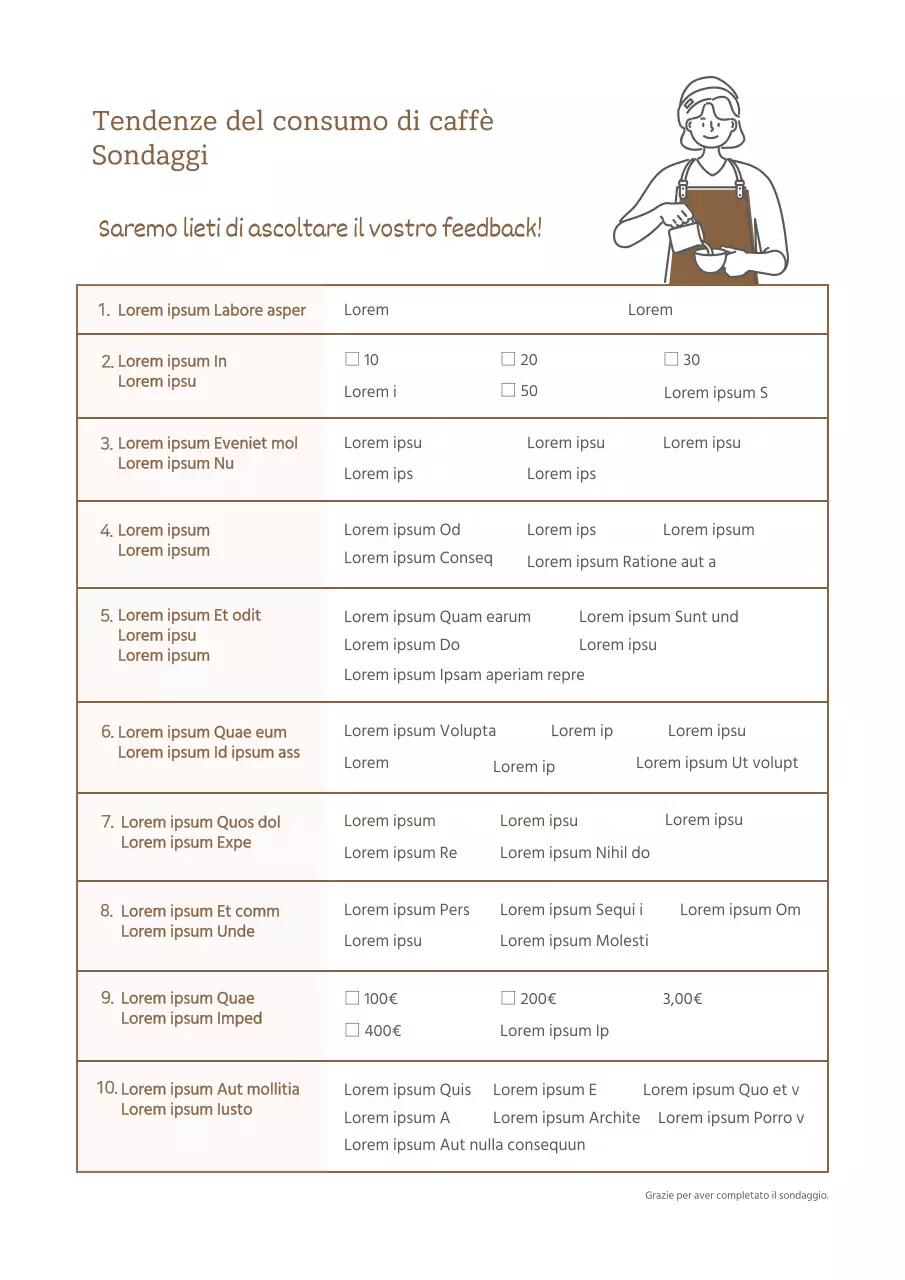 Indagine sulle tendenze del consumo di caffè Modello di questionario per i caffè in franchising