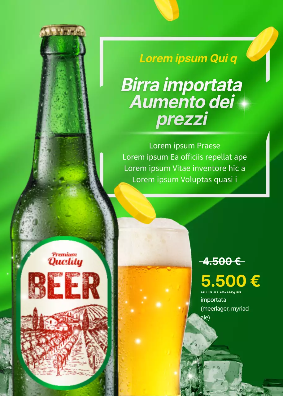 Avviso di aumento del prezzo della birra importata verde e gialla
