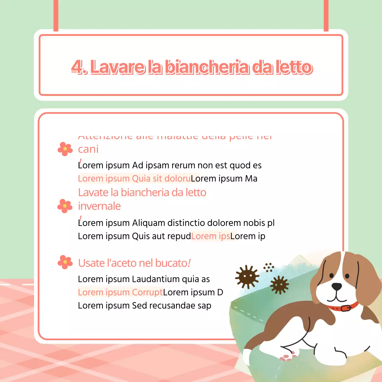 Un simpatico cucciolo con sfondo primaverile e consigli sulla salute CardNews