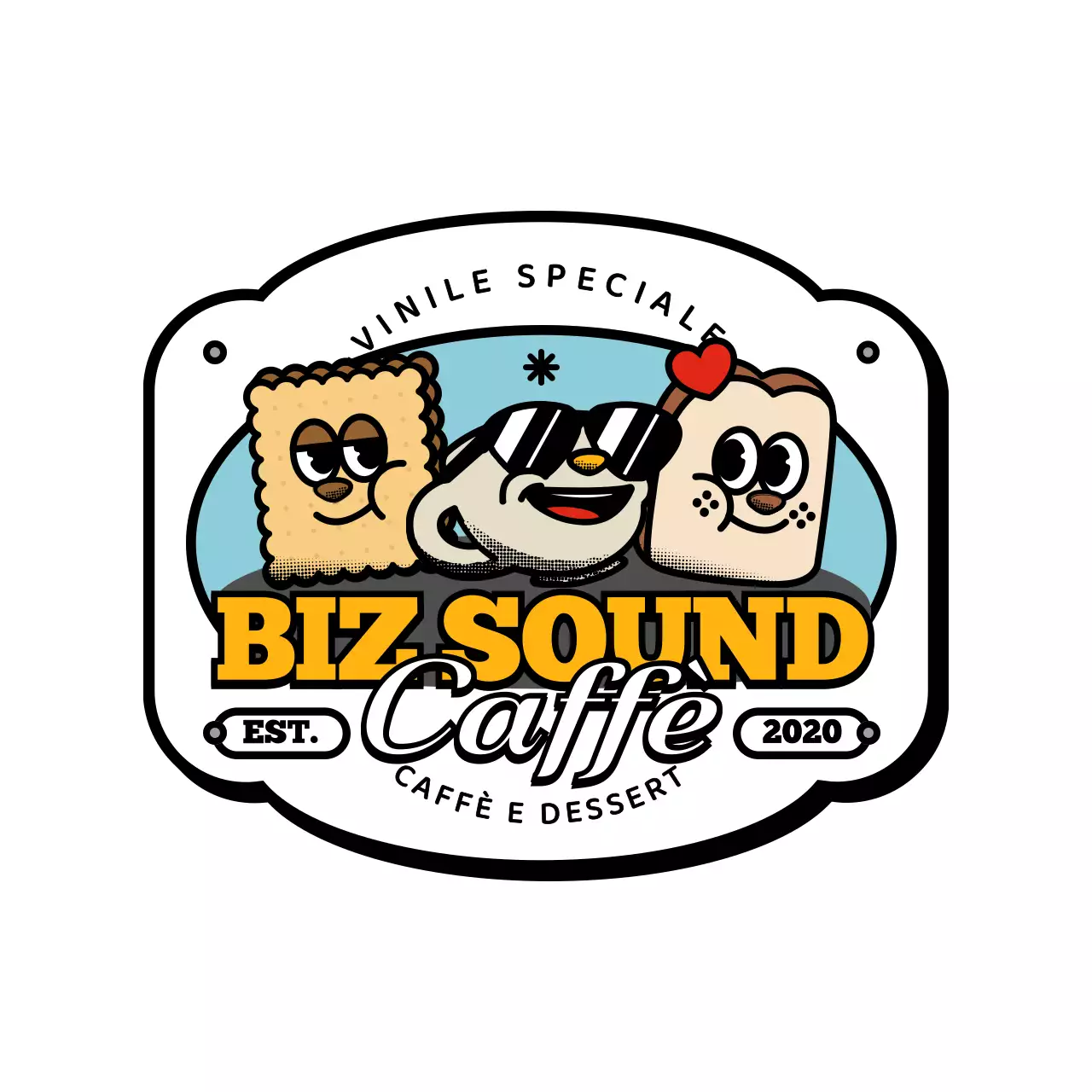 Una serie di prodotti da caffè in stile logo, simpatici e alla moda, nei colori giallo e nero.