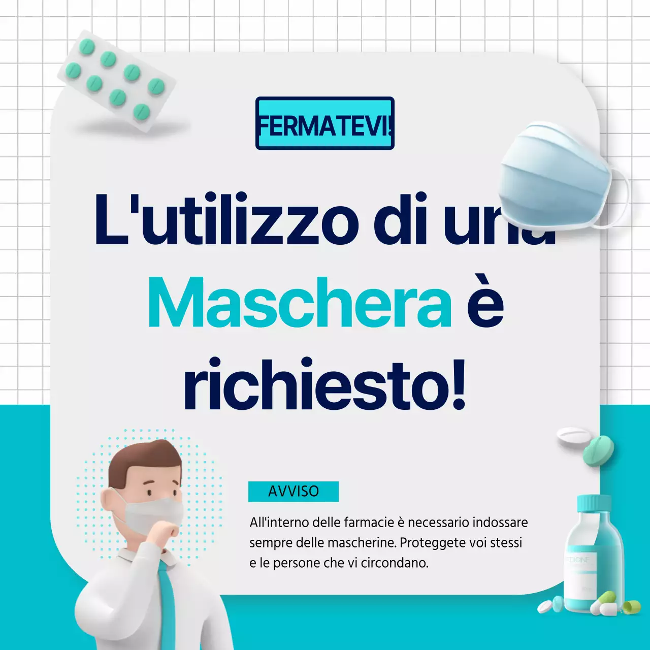 Annuncio della farmacia con grafica 3D di una maschera color menta