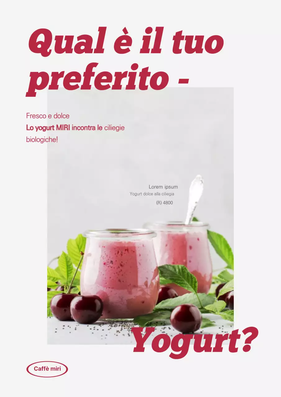 Webposter sullo yogurt alla ciliegia con caratteri in grassetto e colori rossi