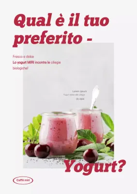 Webposter sullo yogurt alla ciliegia con caratteri in grassetto e colori rossi