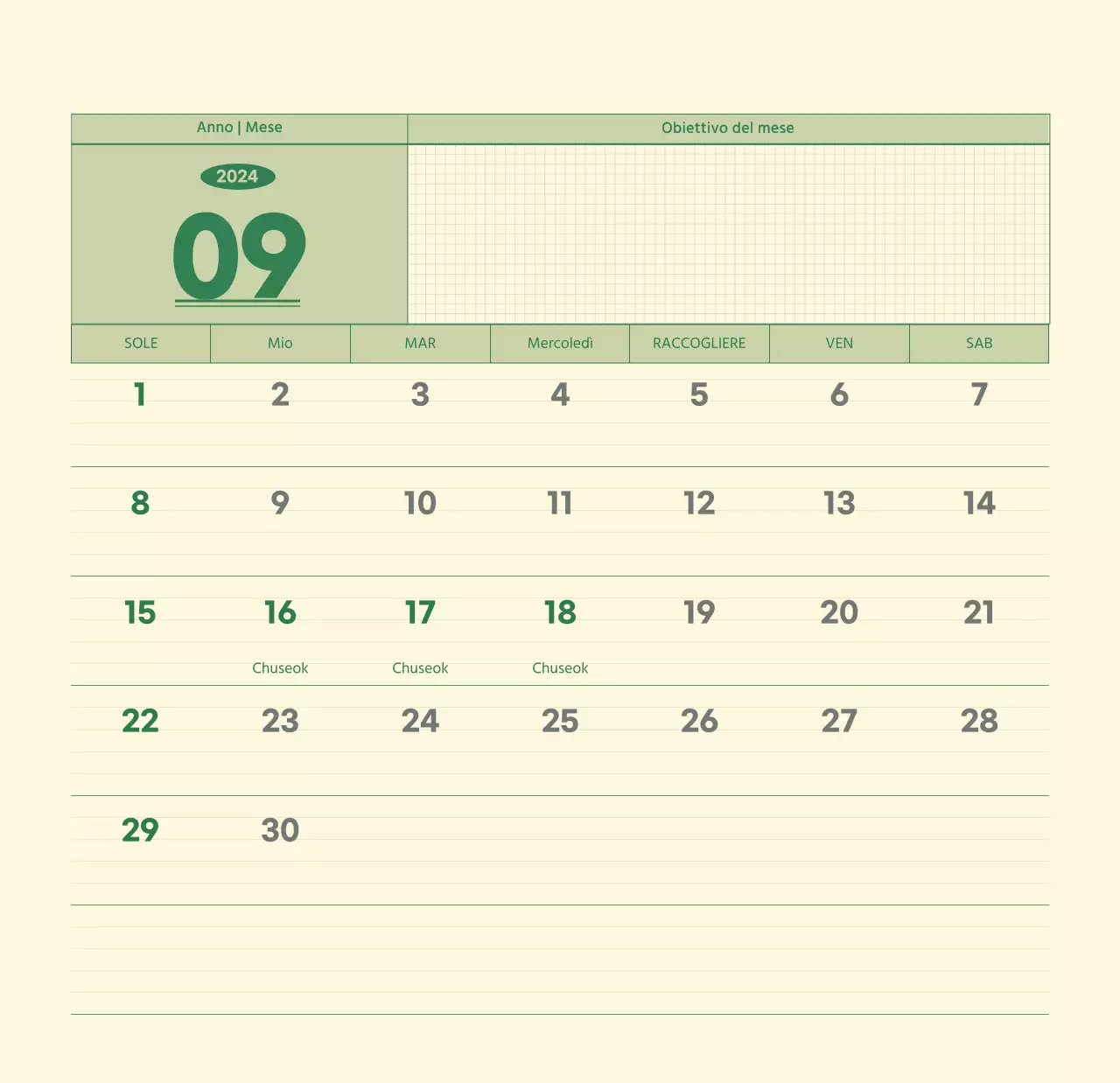 Calendario da parete SAT D-day concept in verde e giallo chiaro