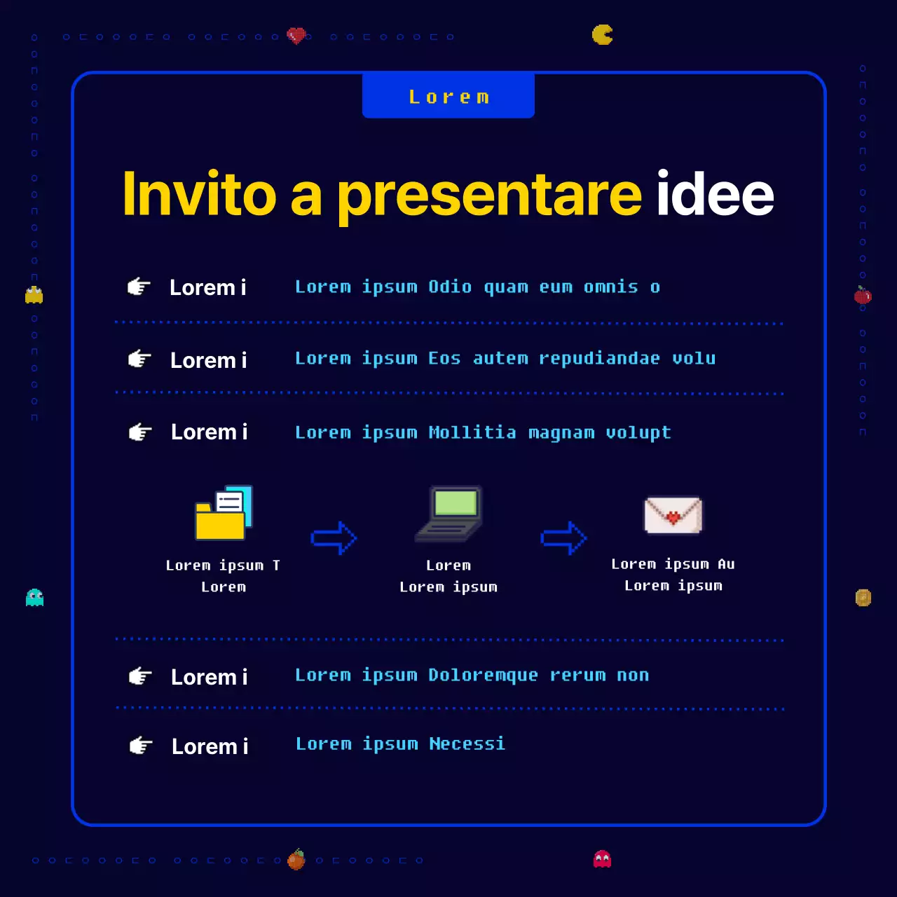 Un gioco pixel Pac-Man originale, divertente e retrò in blu navy e giallo Chiamata per nuove idee commerciali per un'azienda.