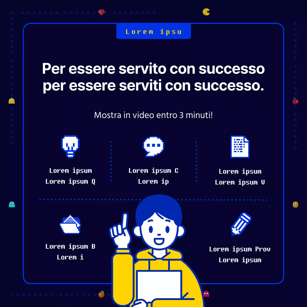 Un gioco pixel Pac-Man originale, divertente e retrò in blu navy e giallo Chiamata per nuove idee commerciali per un'azienda.