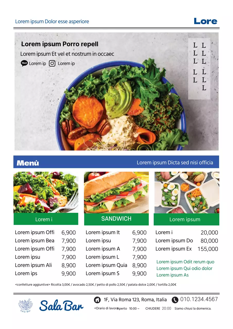 La foto blu evidenzia il menu pulito delle insalate del ristorante