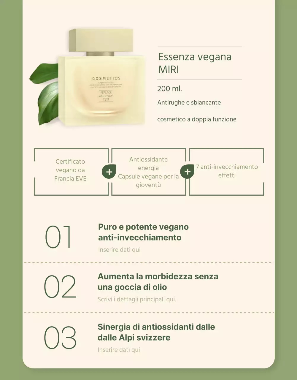 Pagina di dettaglio dei cosmetici vegani in verde avorio
