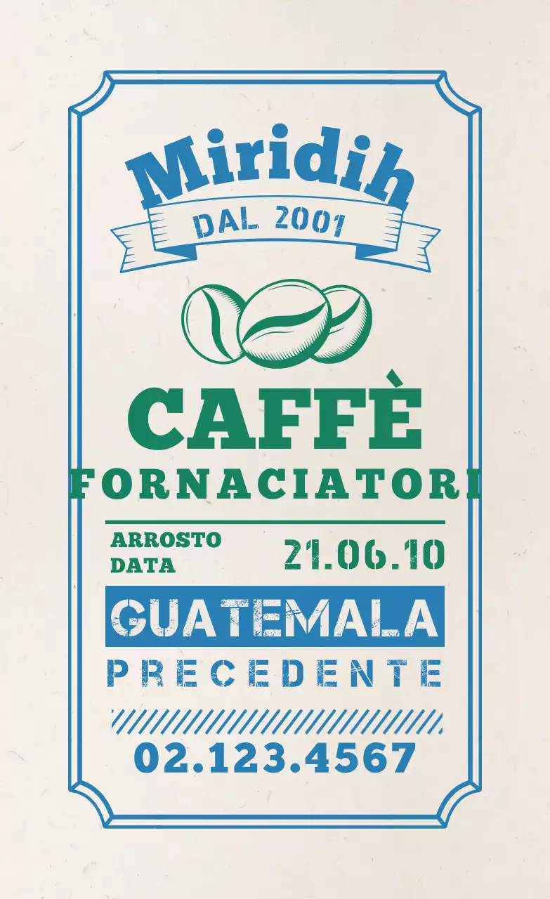 Etichette per chicchi di caffè con un design tipografico blu