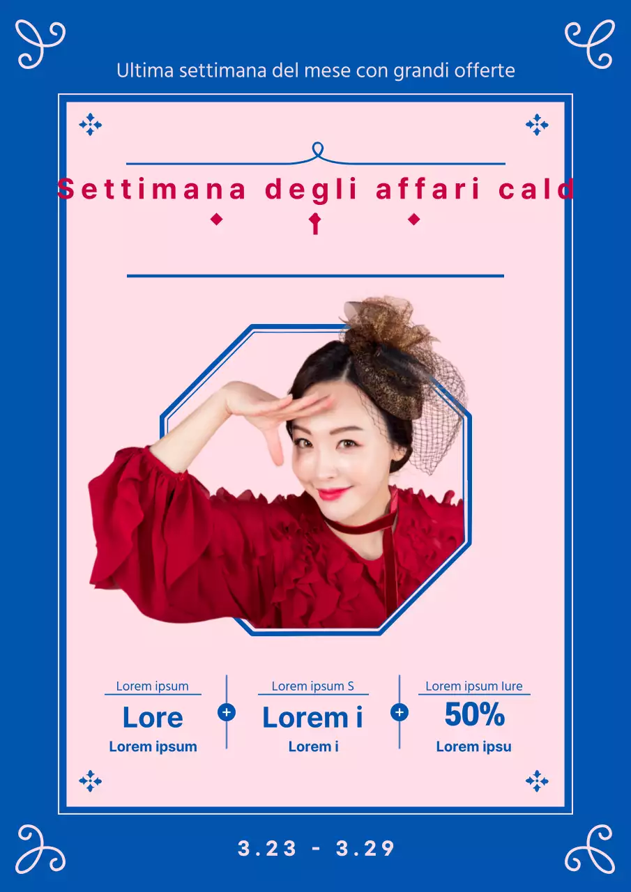 Un elegante volantino di offerte speciali in blu e rosa
