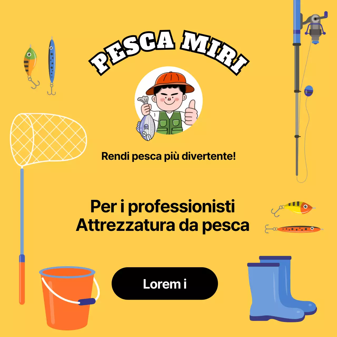 Pubblicità gialla e carina per attrezzi da pesca professionali
