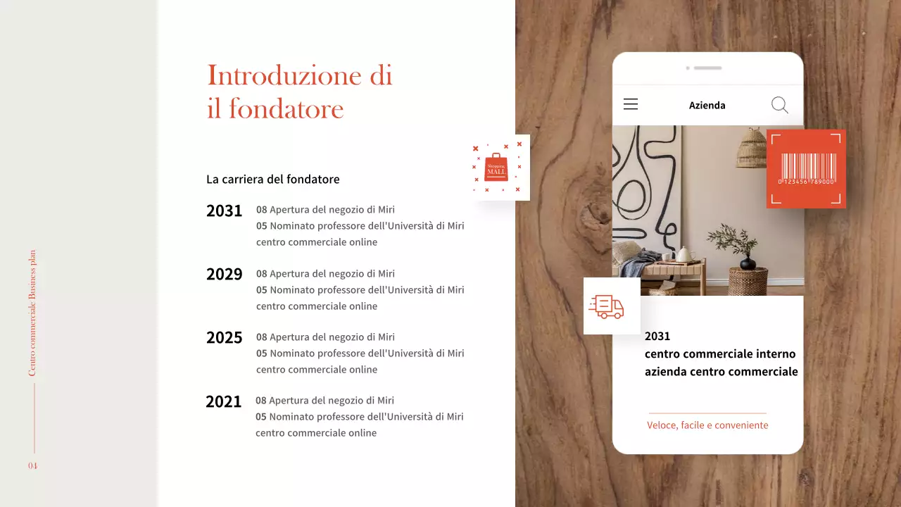 Interni semplici e caldi in arancione e marrone Business plan di un centro commerciale