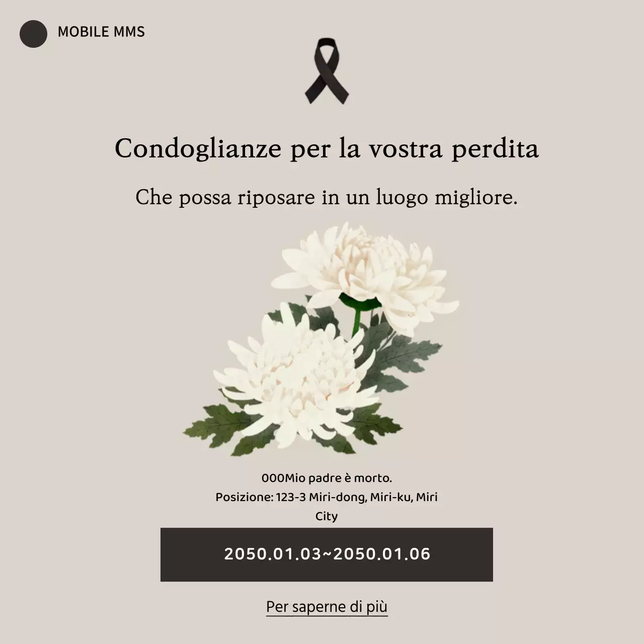 Modello di banner mobile per le condoglianze con fiori di crisantemo e nastro e testo in evidenza
