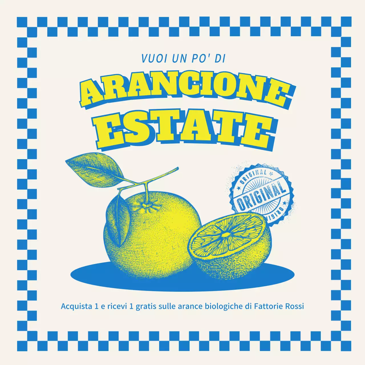 Un'offerta di vendita di frutta giallo-blu di ispirazione vintage