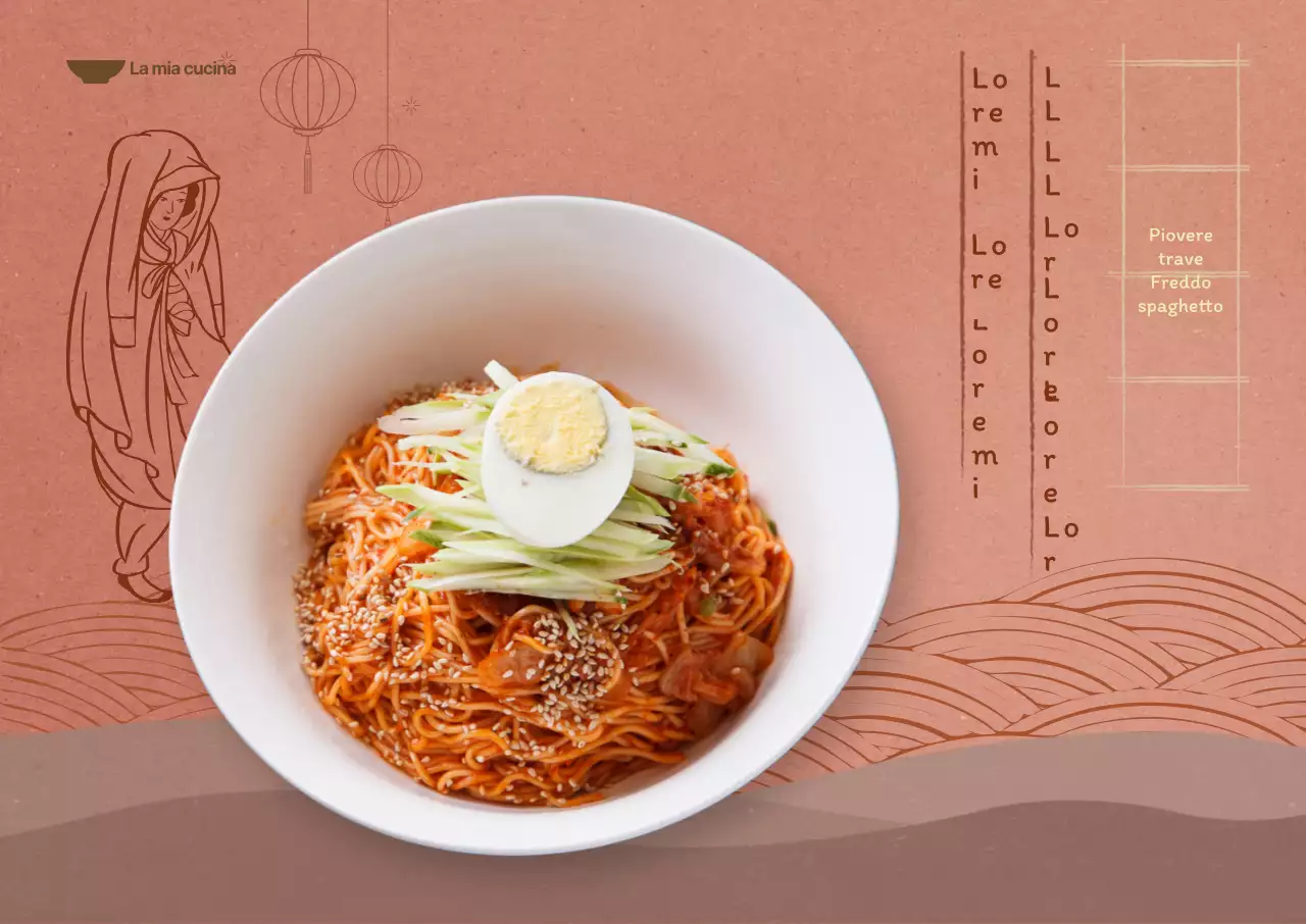 Menu estivo con sfondo rosa indaco intenso e illustrazioni orientali