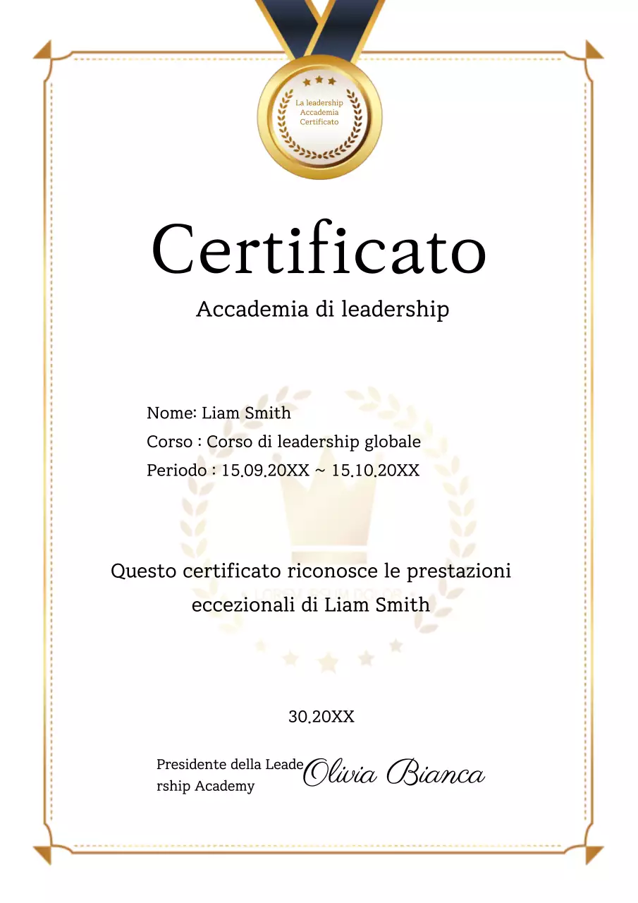 Certificato di formazione dell'accademia di leadership Modello di documento di elenco commerciale