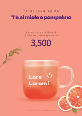 Promuovete un menu di classe e semplice con la foto di un pompelmo arancione e di un tè al pompelmo.