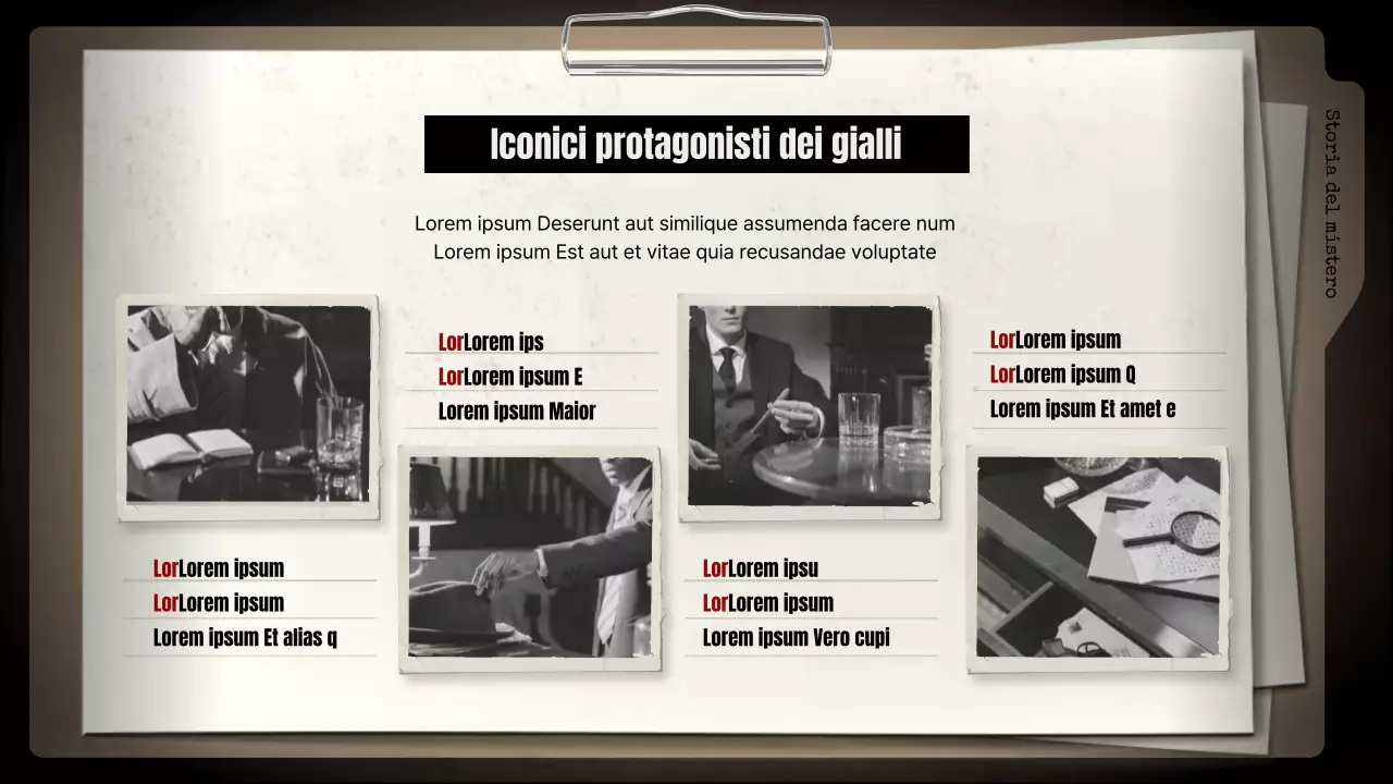 Analisi di romanzi gialli con sfondi neri e schedari marroni