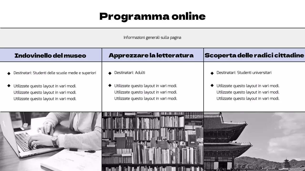 Pianificare un moderno programma museale in nero e viola
