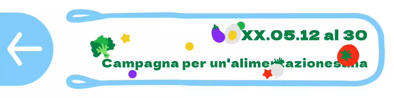 Illustrazione di sacchetti di plastica carini e ordinati, in stile cornice, con indicazioni per una campagna alimentare in azzurro e verde.