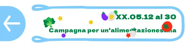 Illustrazione di sacchetti di plastica carini e ordinati, in stile cornice, con indicazioni per una campagna alimentare in azzurro e verde.