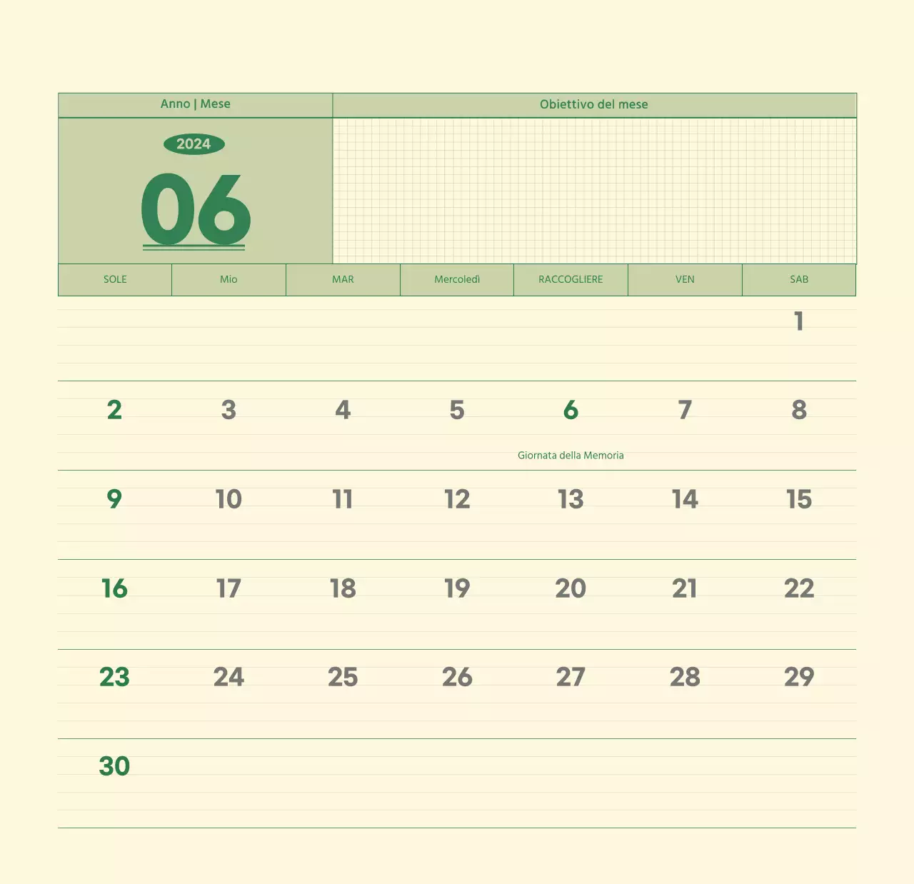 Calendario da parete SAT D-day concept in verde e giallo chiaro