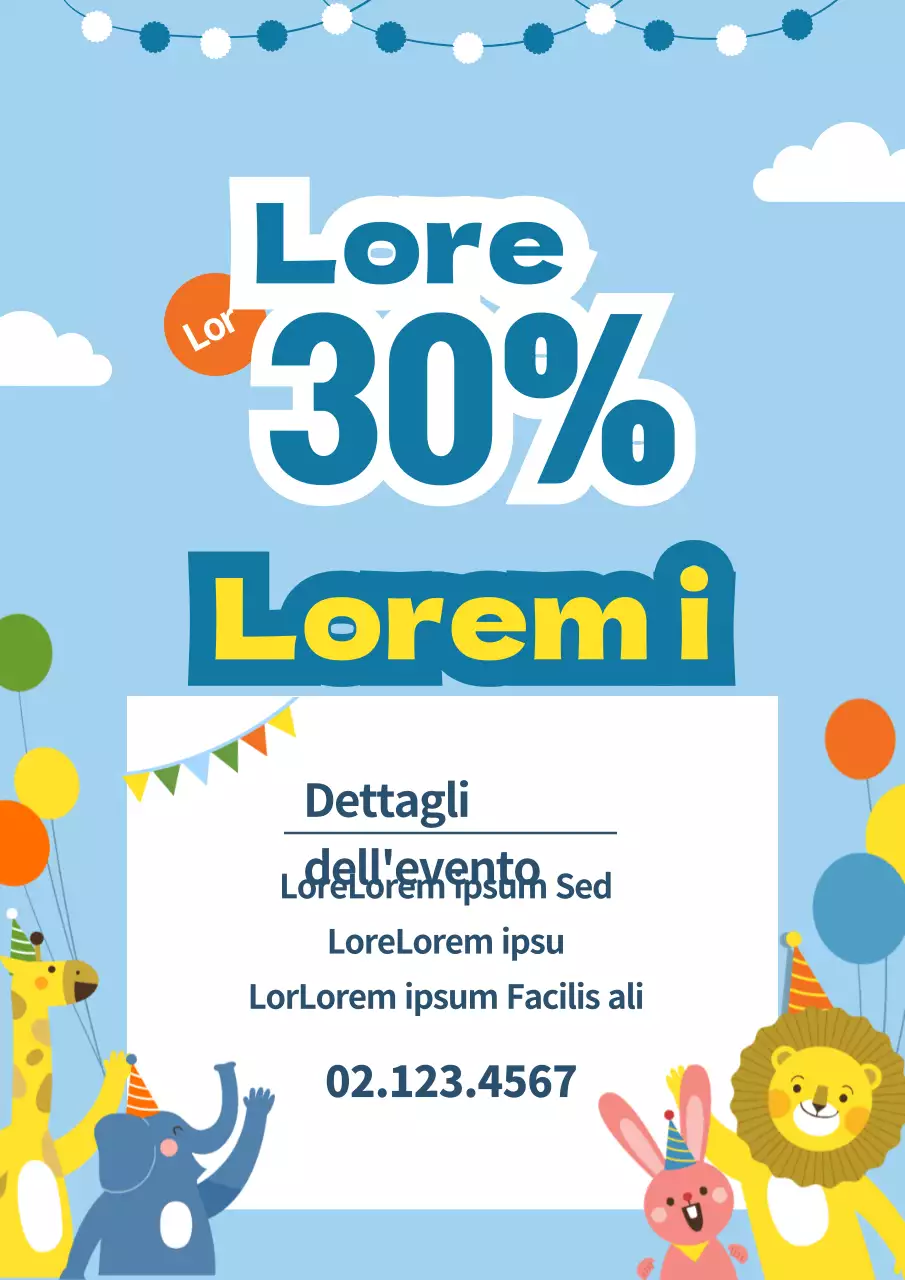 Promuovete una vendita per la Giornata dei bambini con un simpatico concept con illustrazioni di animali in blu.